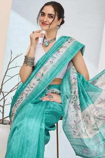 Turquoise color silk blend fabric designer printed ready to wear saree