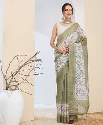 Olive color silk blend fabric designer printed ready to wear saree 1