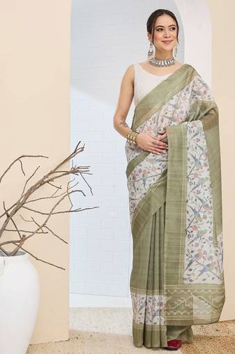 Olive color silk blend fabric designer printed ready to wear saree