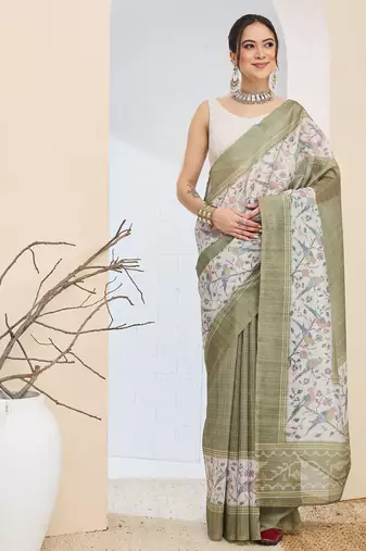 Olive color silk blend fabric designer printed ready to wear saree