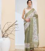 Olive color silk blend fabric designer printed ready to wear saree