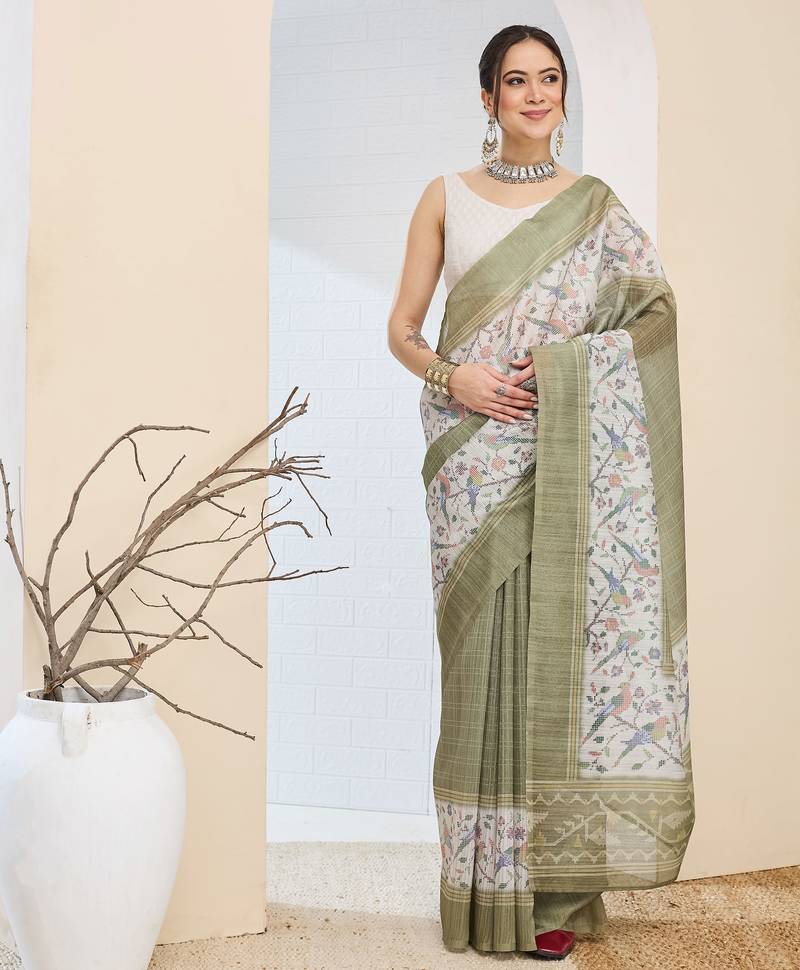 Olive color silk blend fabric designer printed ready to wear saree