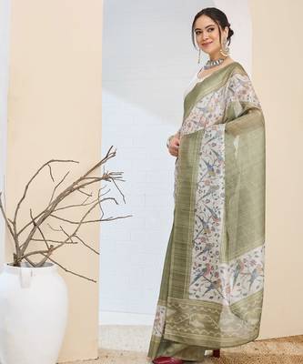 Olive color silk blend fabric designer printed ready to wear saree 4