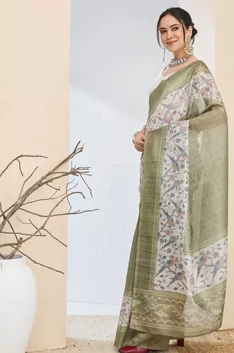 Olive color silk blend fabric designer printed ready to wear saree