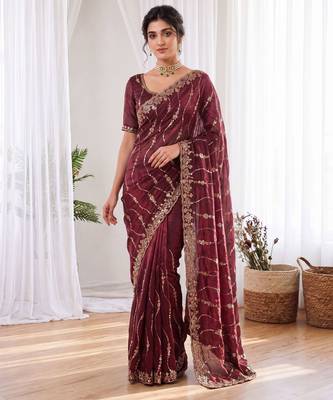 Maroon color elegant space silk fabric rich looks embroidered saree 1