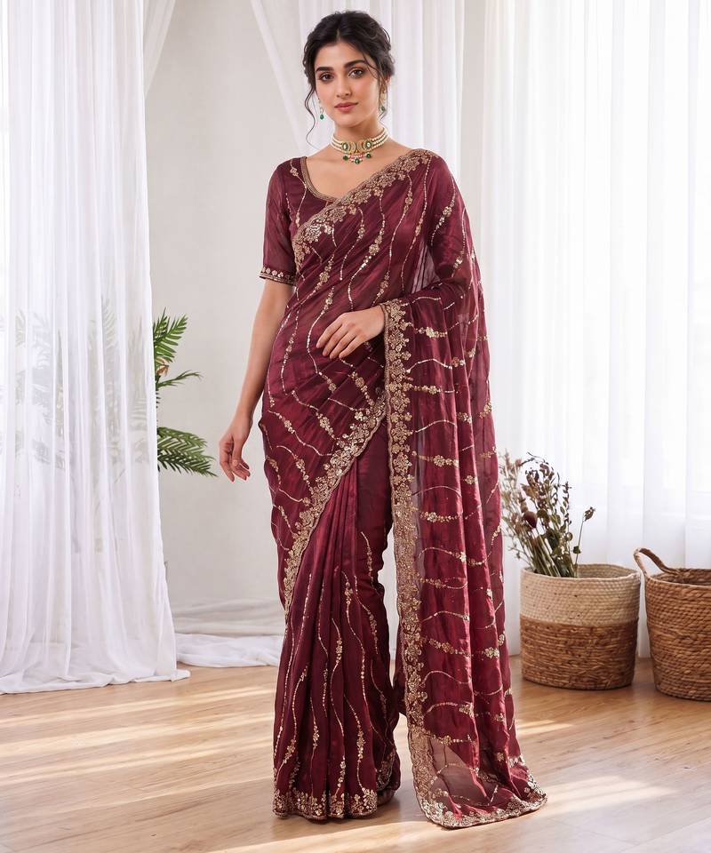 Maroon color elegant space silk fabric rich looks embroidered saree