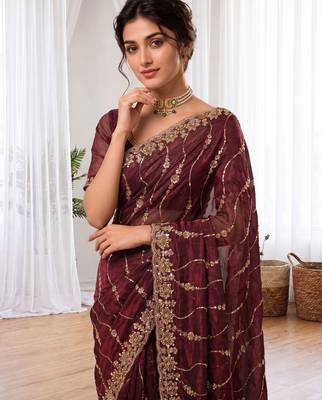 Maroon color elegant space silk fabric rich looks embroidered saree 3