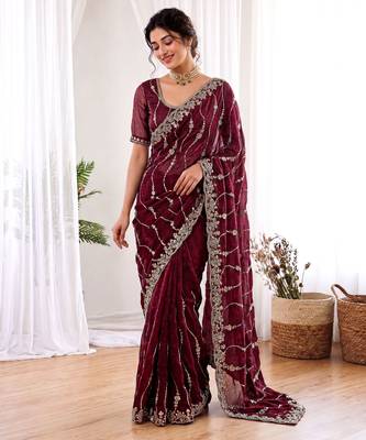 Maroon color elegant space silk fabric rich looks embroidered saree 4