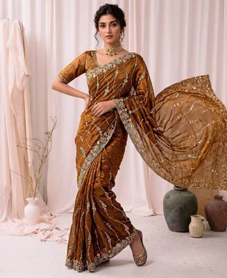 Gold color elegant space silk fabric rich looks embroidered saree 2