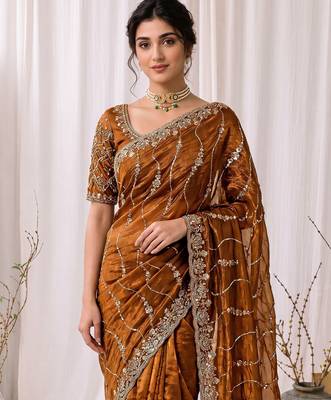 Gold color elegant space silk fabric rich looks embroidered saree 3