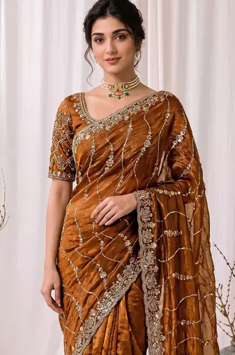 Gold color elegant space silk fabric rich looks embroidered saree