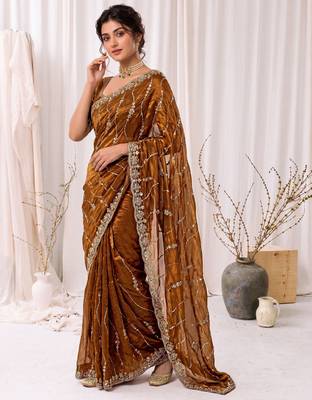Gold color elegant space silk fabric rich looks embroidered saree 4