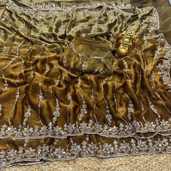 Gold color elegant space silk fabric rich looks embroidered saree 5