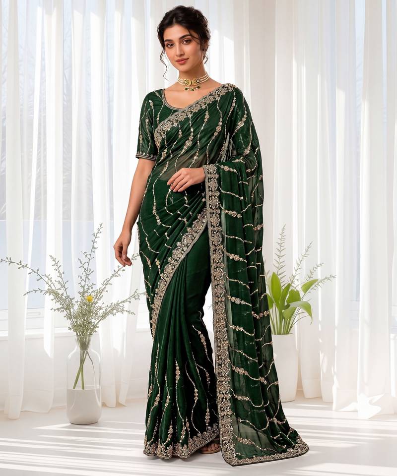 Green color elegant space silk fabric rich looks embroidered saree