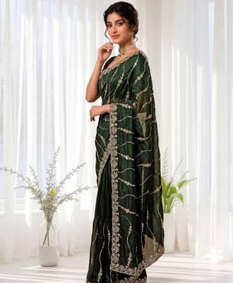 Green color elegant space silk fabric rich looks embroidered saree 2