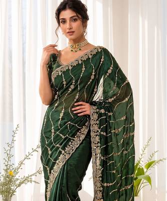 Green color elegant space silk fabric rich looks embroidered saree 3