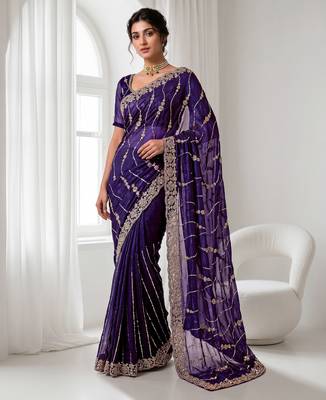 Purple color elegant space silk fabric rich looks embroidered saree 1