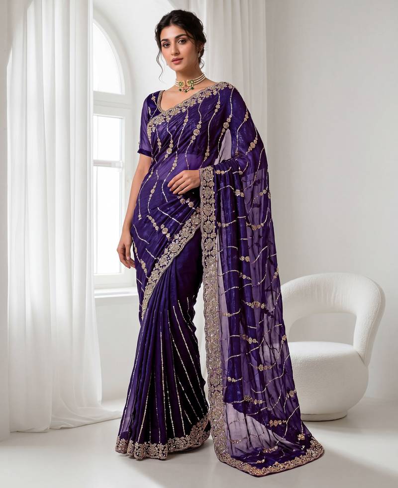 Purple color elegant space silk fabric rich looks embroidered saree