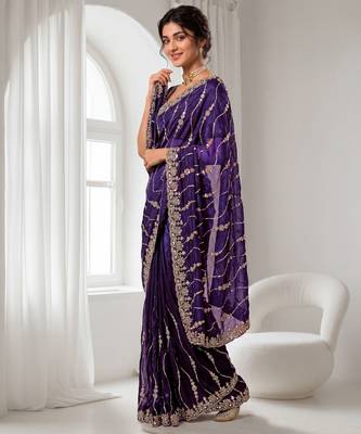 Purple color elegant space silk fabric rich looks embroidered saree 2