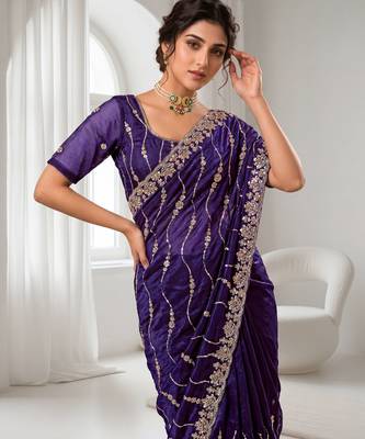 Purple color elegant space silk fabric rich looks embroidered saree 3