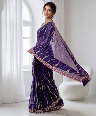 Purple color elegant space silk fabric rich looks embroidered saree 4