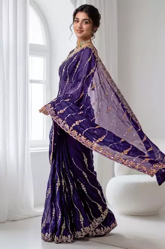 Purple color elegant space silk fabric rich looks embroidered saree