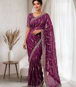 Burgundy color elegant space silk fabric rich looks embroidered saree