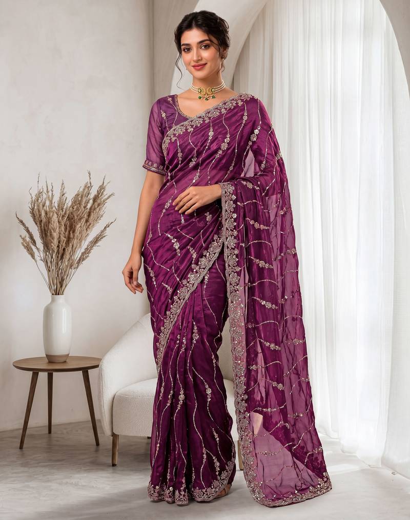 Burgundy color elegant space silk fabric rich looks embroidered saree