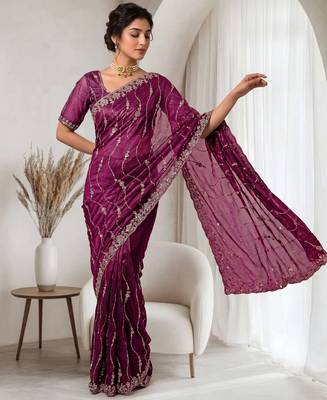 Burgundy color elegant space silk fabric rich looks embroidered saree 2