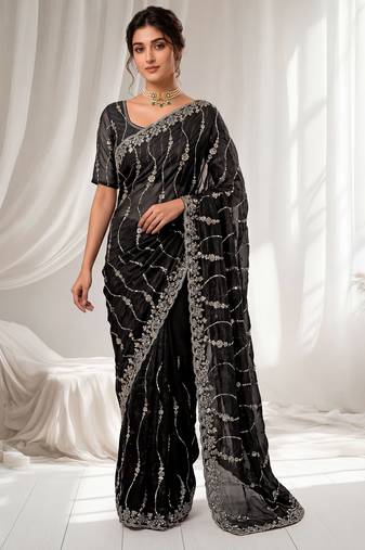 Black color elegant space silk fabric rich looks embroidered saree