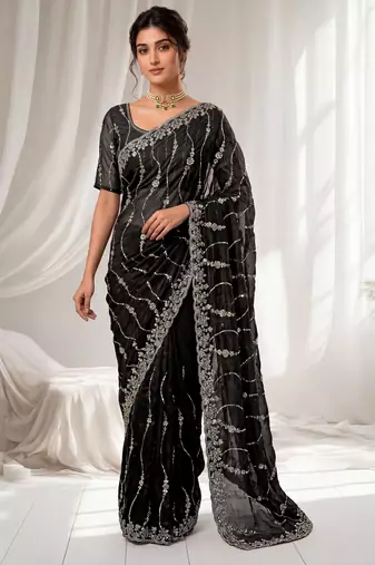 Black color elegant space silk fabric rich looks embroidered saree