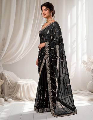 Black color elegant space silk fabric rich looks embroidered saree 2
