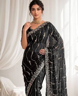 Black color elegant space silk fabric rich looks embroidered saree 3