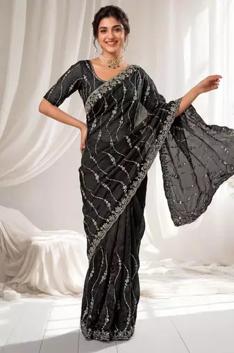 Black color elegant space silk fabric rich looks embroidered saree