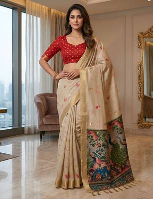 Cream color smart and rich looks cotton silk traditional saree 1