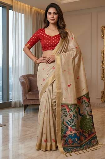 Cream color smart and rich looks cotton silk traditional saree