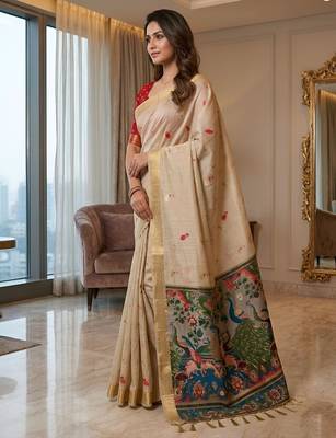 Cream color smart and rich looks cotton silk traditional saree 2