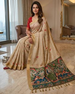 Cream color smart and rich looks cotton silk traditional saree 3