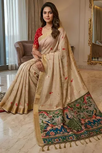 Cream color smart and rich looks cotton silk traditional saree