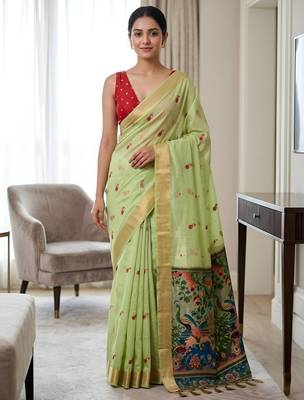 Green color smart and rich looks cotton silk traditional saree 1