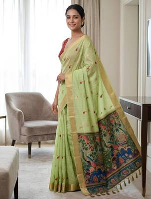 Green color smart and rich looks cotton silk traditional saree 2