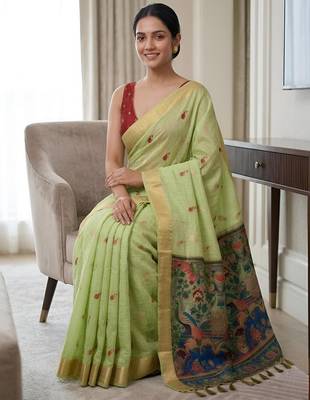 Green color smart and rich looks cotton silk traditional saree 3