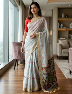 Grey color smart and rich looks cotton silk traditional saree 1