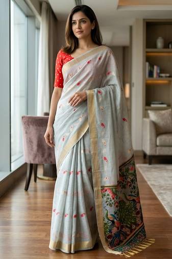 Grey color smart and rich looks cotton silk traditional saree