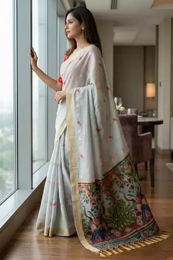 Grey color smart and rich looks cotton silk traditional saree