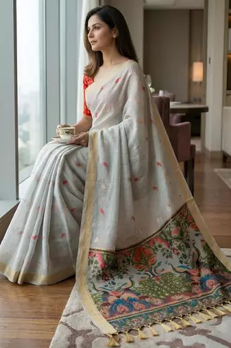 Grey color smart and rich looks cotton silk traditional saree