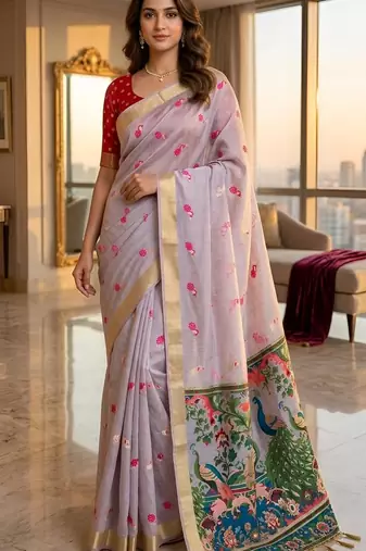 Lavender color smart and rich looks cotton silk traditional saree