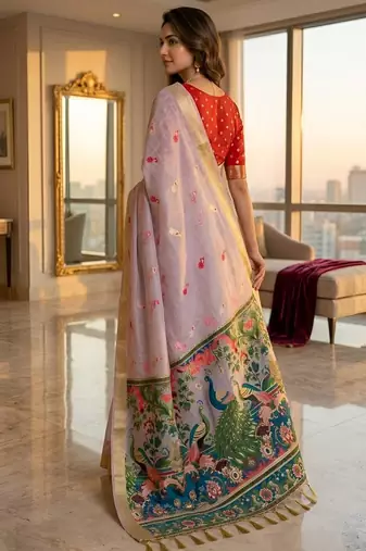 Lavender color smart and rich looks cotton silk traditional saree