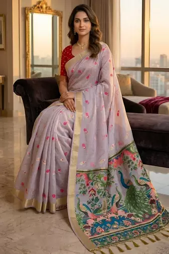 Lavender color smart and rich looks cotton silk traditional saree
