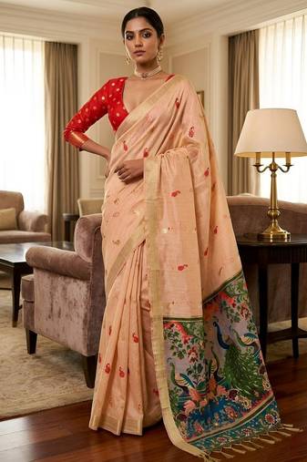 Peach color smart and rich looks cotton silk traditional saree